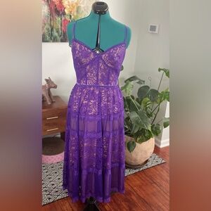 Tadashi Shoji Purple Lace Midi Dress with Spaghetti Straps
